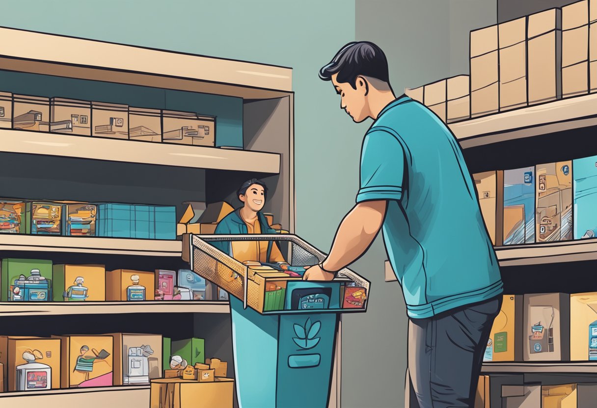 A customer selects a Funko Pop figure from a display shelf, while a delivery person drops off a package at the doorstep