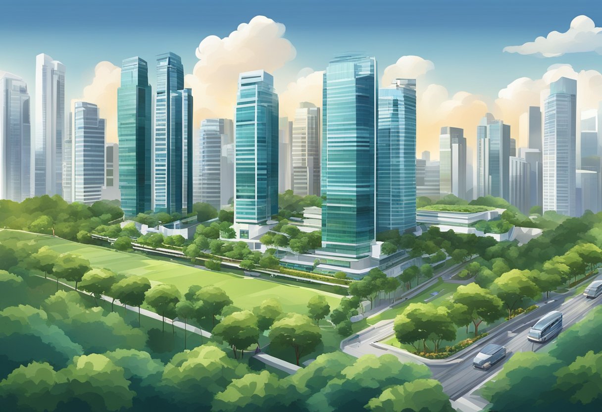 A bustling city skyline with modern high-rise condominiums, surrounded by lush greenery and amenities, showcasing the vibrant and competitive Singapore condo market