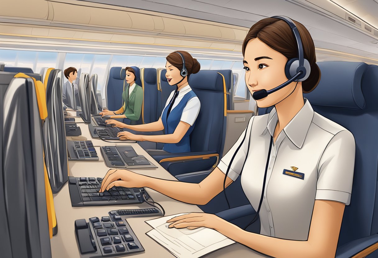 A customer service representative at Singapore Airlines answering phone calls and assisting customers with frequently asked questions