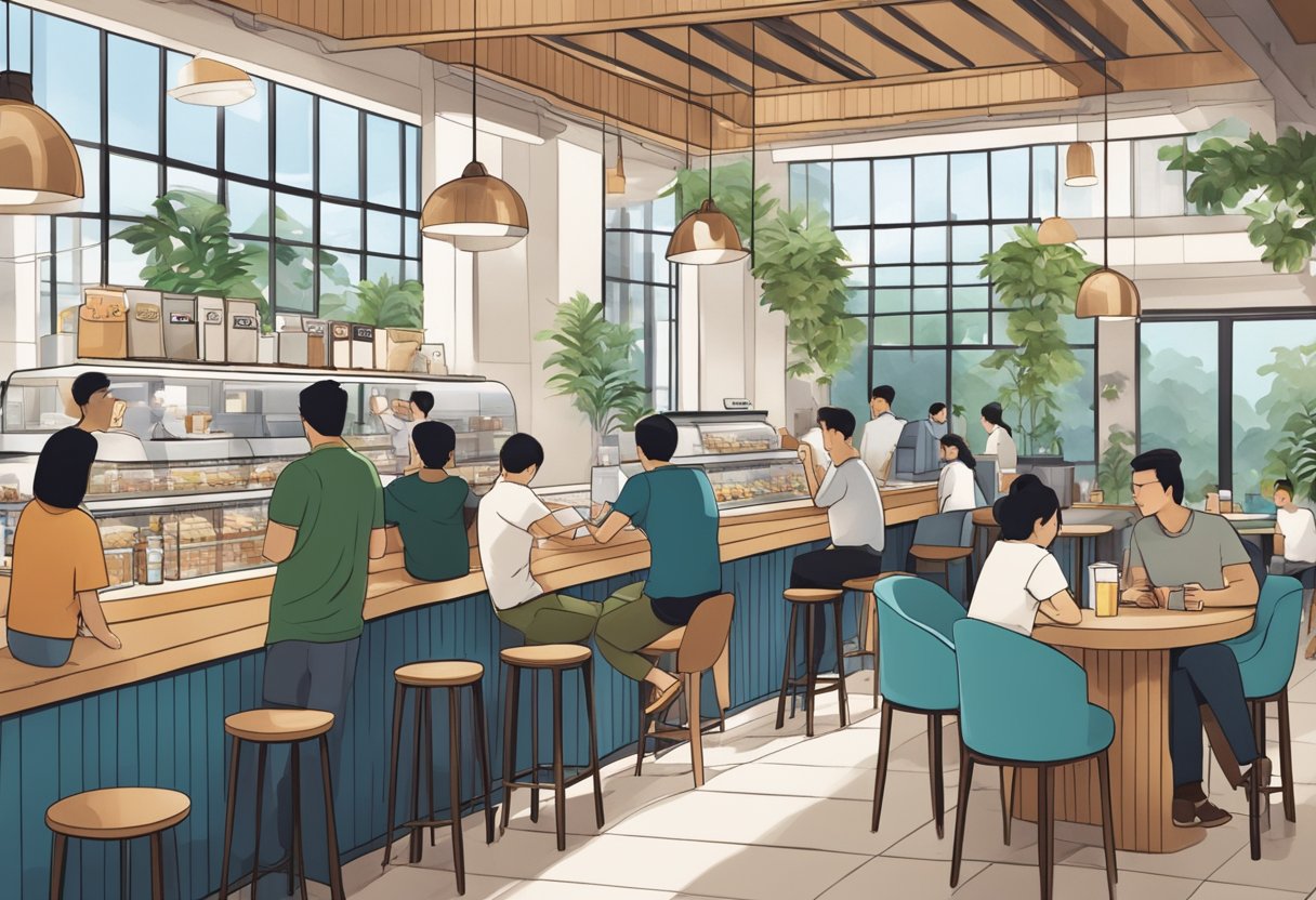 A bustling Luckin Coffee outlet in Singapore, with customers chatting and enjoying their drinks amidst modern decor and cozy seating