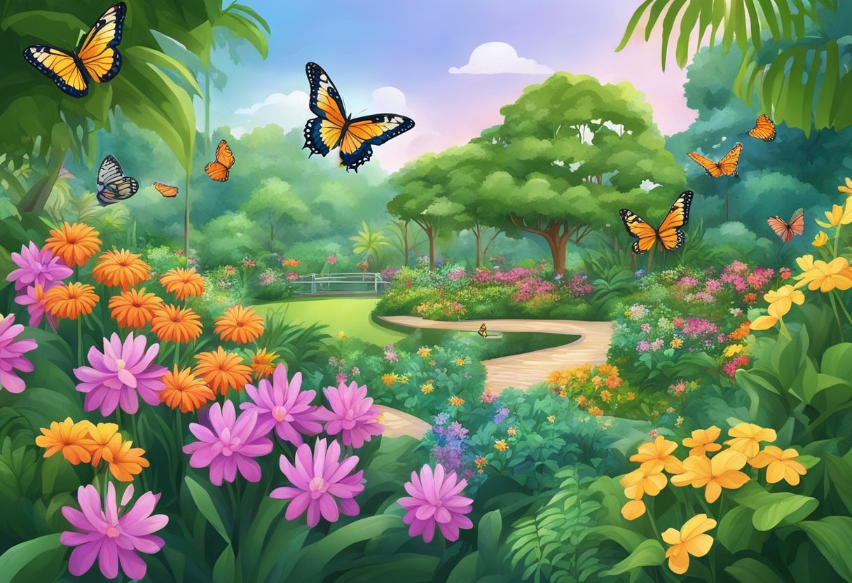 Lush greenery surrounds a vibrant butterfly park in Singapore's Insect Kingdom, with colorful flowers and fluttering butterflies filling the air