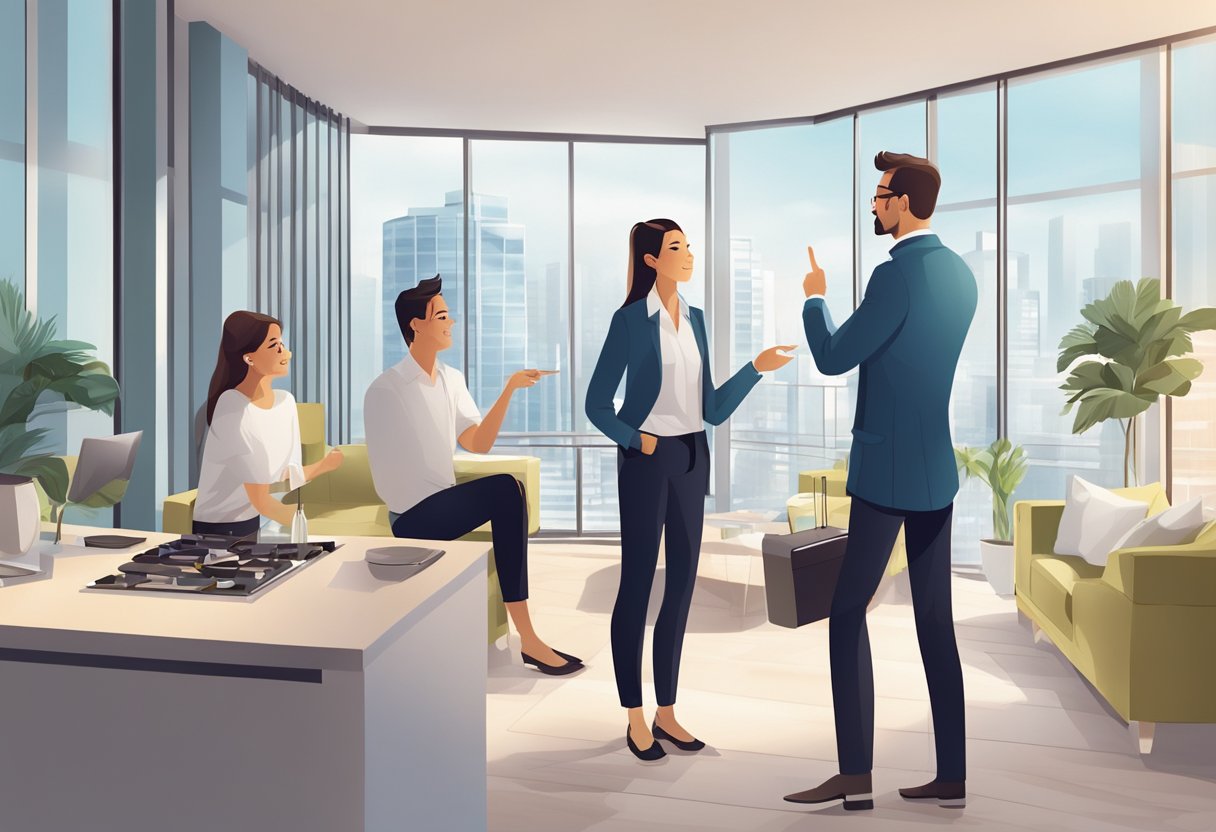 A real estate agent shows a couple around a modern condo, pointing out the amenities and discussing the transaction process