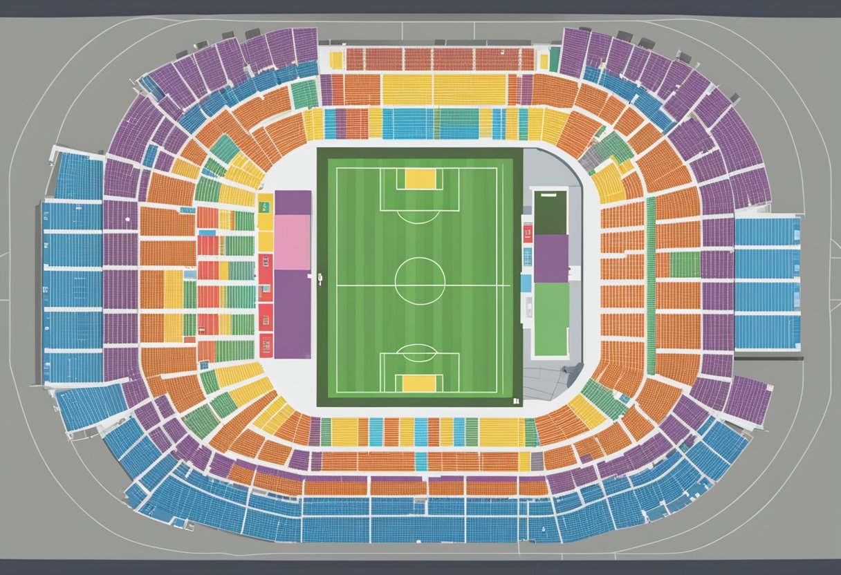 The Singapore Indoor Stadium seating plan displayed on a large electronic screen, with rows of seats and color-coded sections