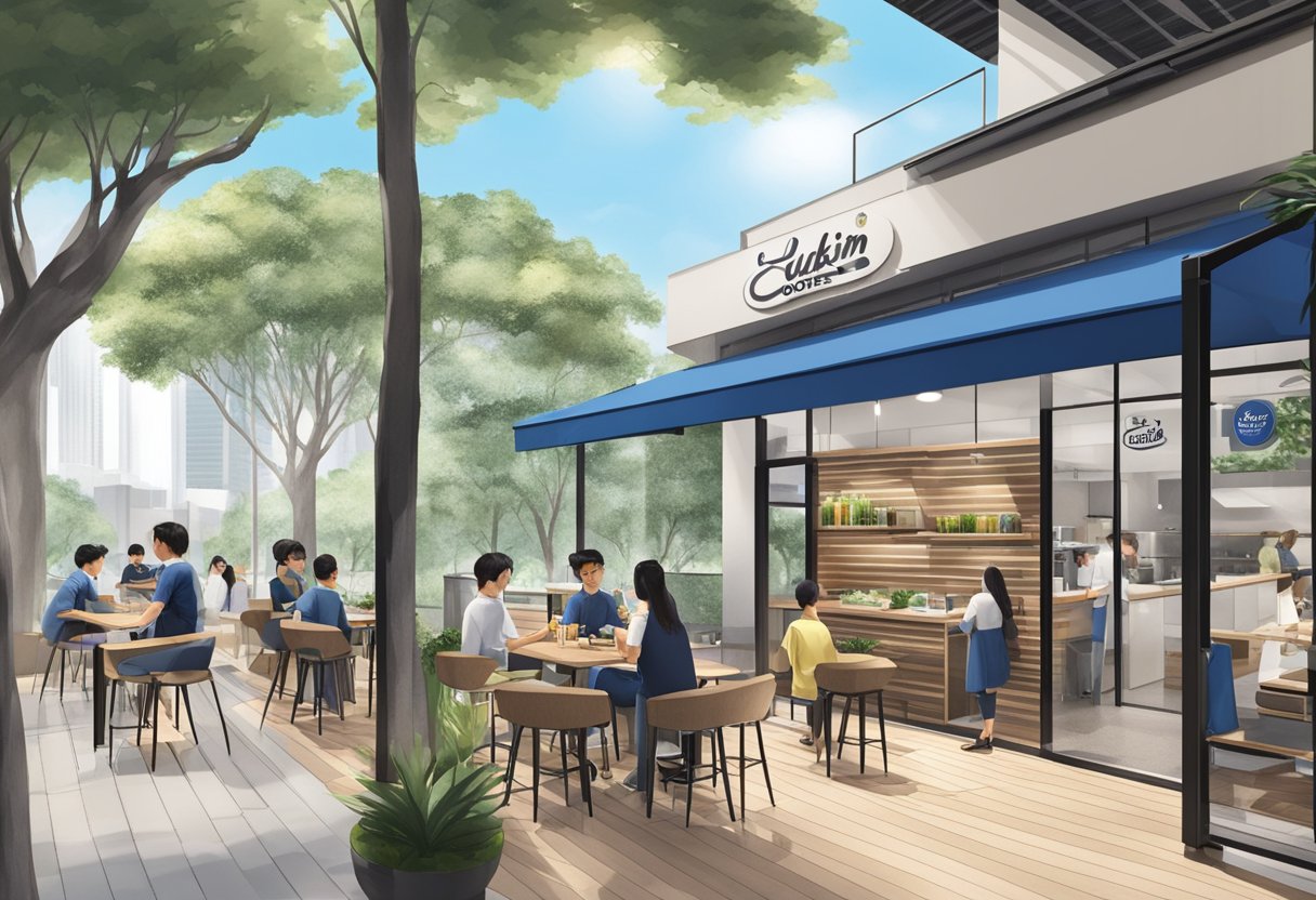 Luckin Coffee's new outlet in Singapore, featuring sleek modern design and bustling with customers. Outdoor seating area and prominent signage
