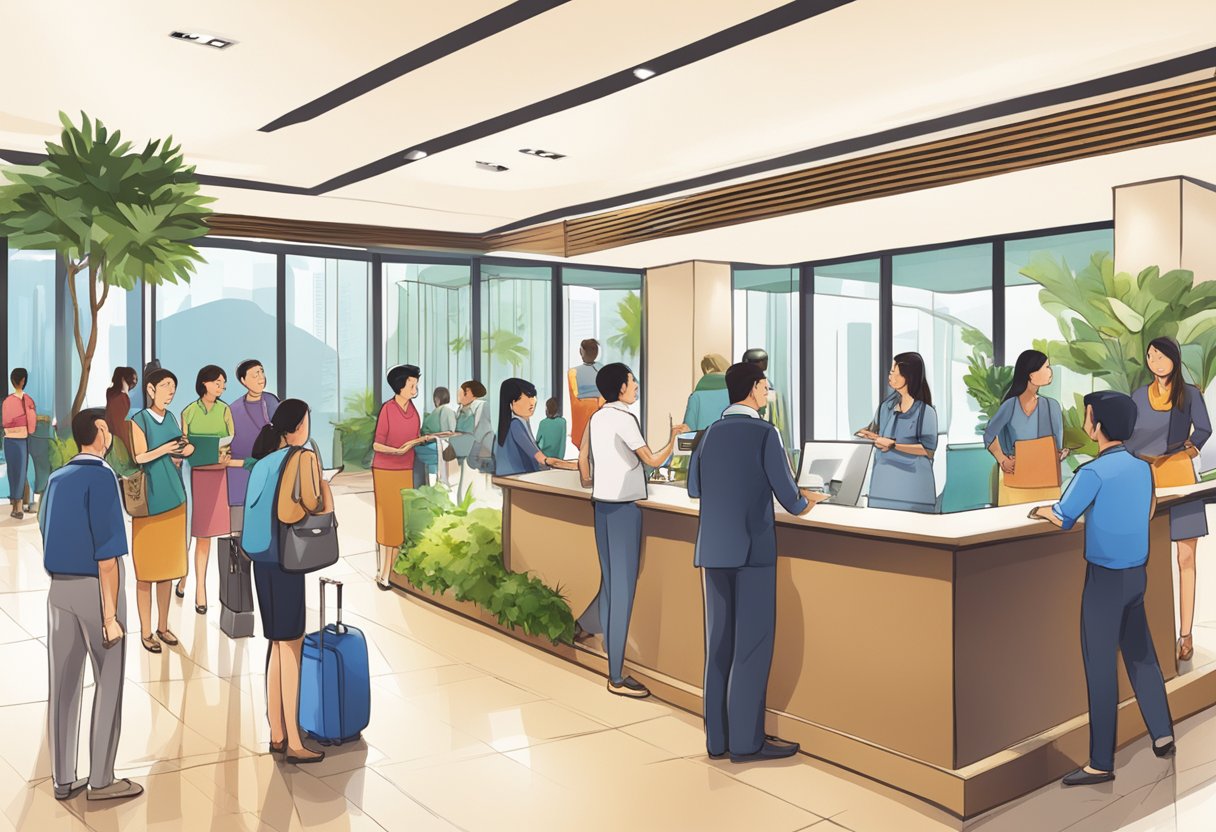 A bustling lobby with people asking questions at a Singapore condo reception desk. A sign with "Frequently Asked Questions" is prominently displayed