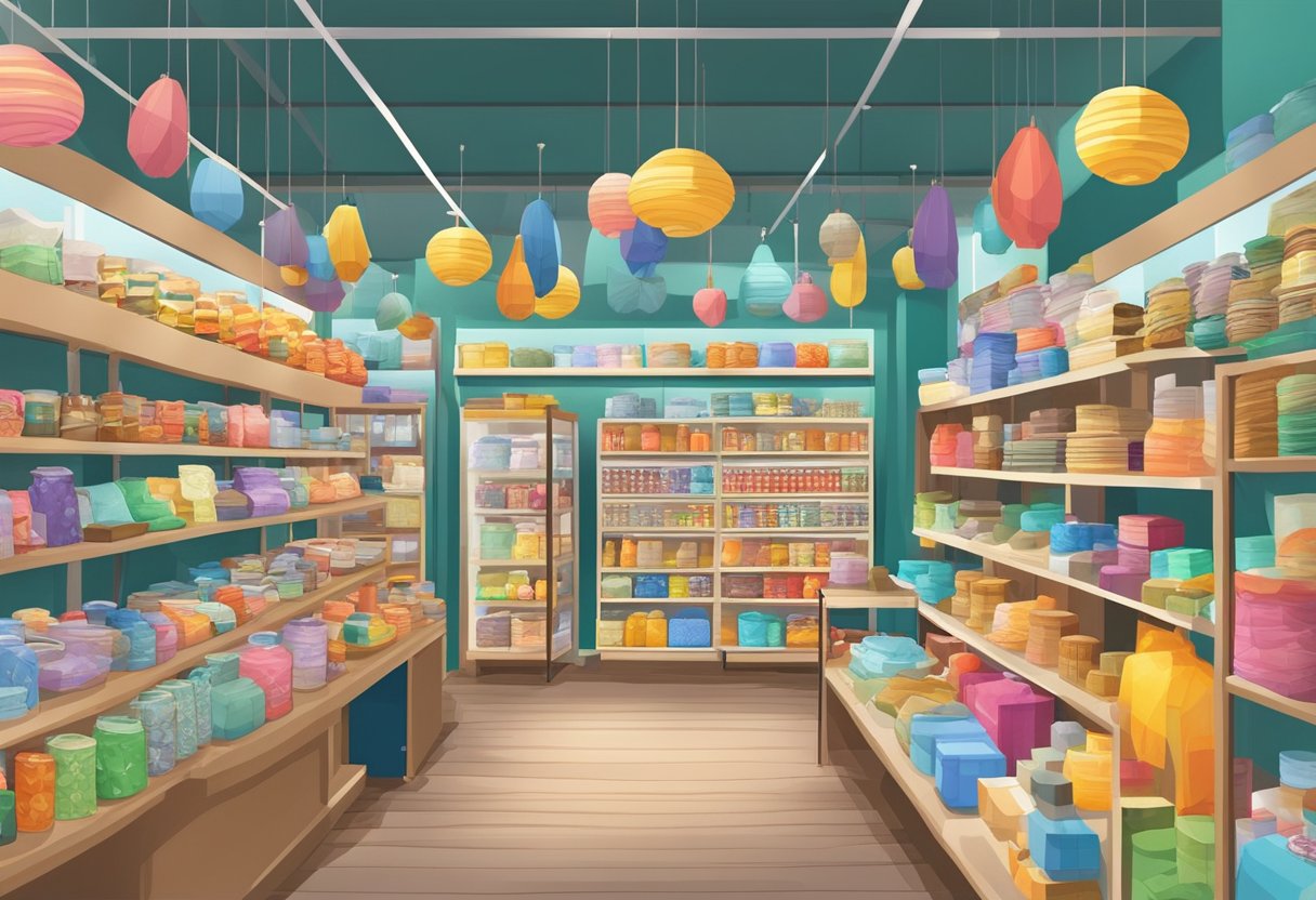 A bustling gift shop in Singapore, filled with colorful souvenirs and trinkets. Shelves are lined with traditional crafts and modern treasures, while the air is alive with the chatter of tourists and the clinking of cash registers