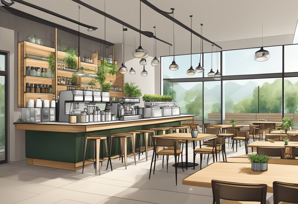 A modern cafe with sleek design, eco-friendly materials, and innovative beverage options. Sustainable practices evident in the use of recyclable cups and energy-efficient equipment