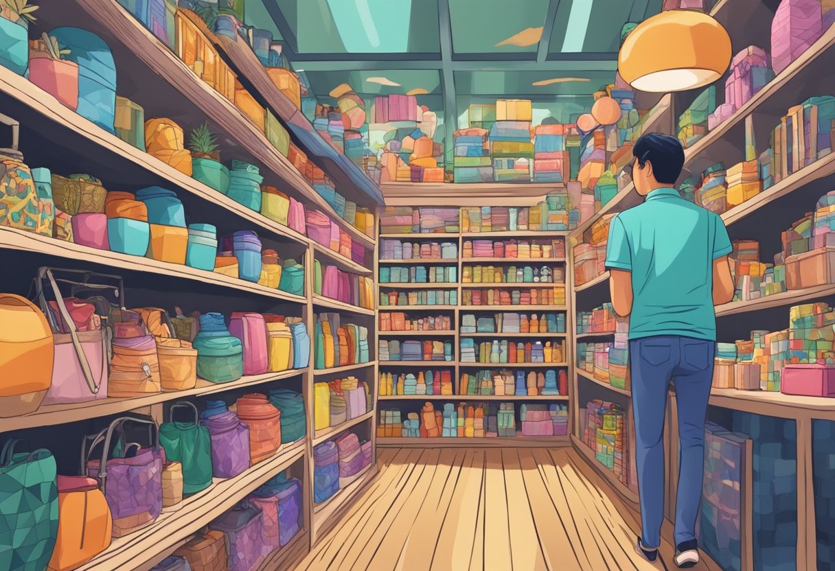 A customer browses shelves of colorful trinkets and souvenirs in a bustling Singapore gift shop, searching for the perfect gift