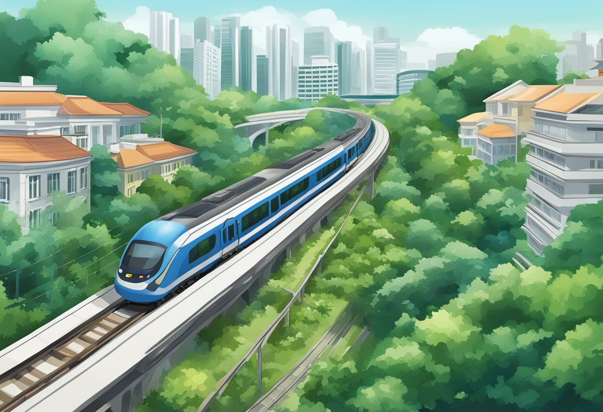 A train travels along the rail corridor in Singapore, passing through lush greenery and urban landscapes