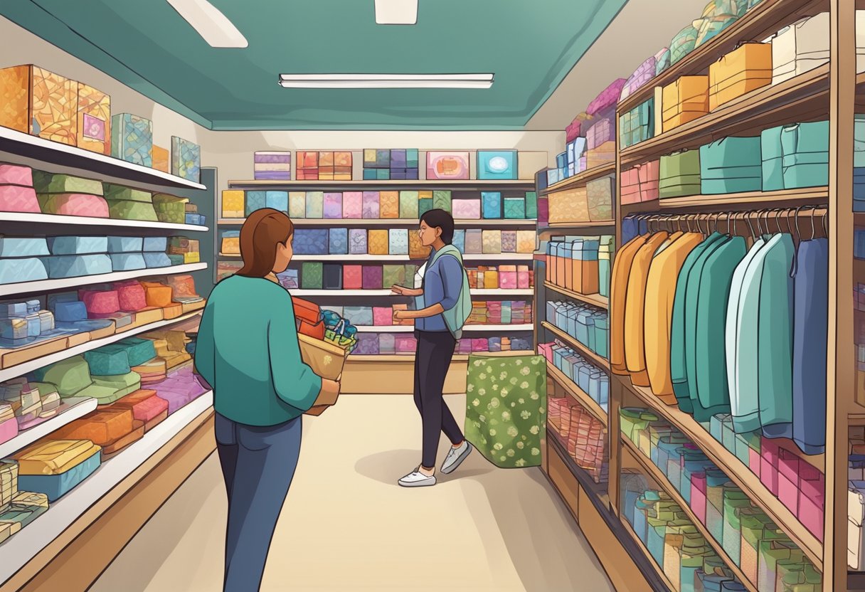 Customers browse aisles of a modern gift shop, filled with colorful merchandise and convenient displays. The store offers a variety of products, from souvenirs to practical items, creating a pleasant shopping experience