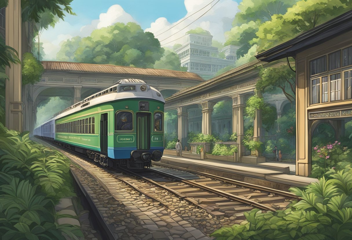 The historic rail corridor in Singapore showcases old tracks, lush greenery, and colonial-era buildings
