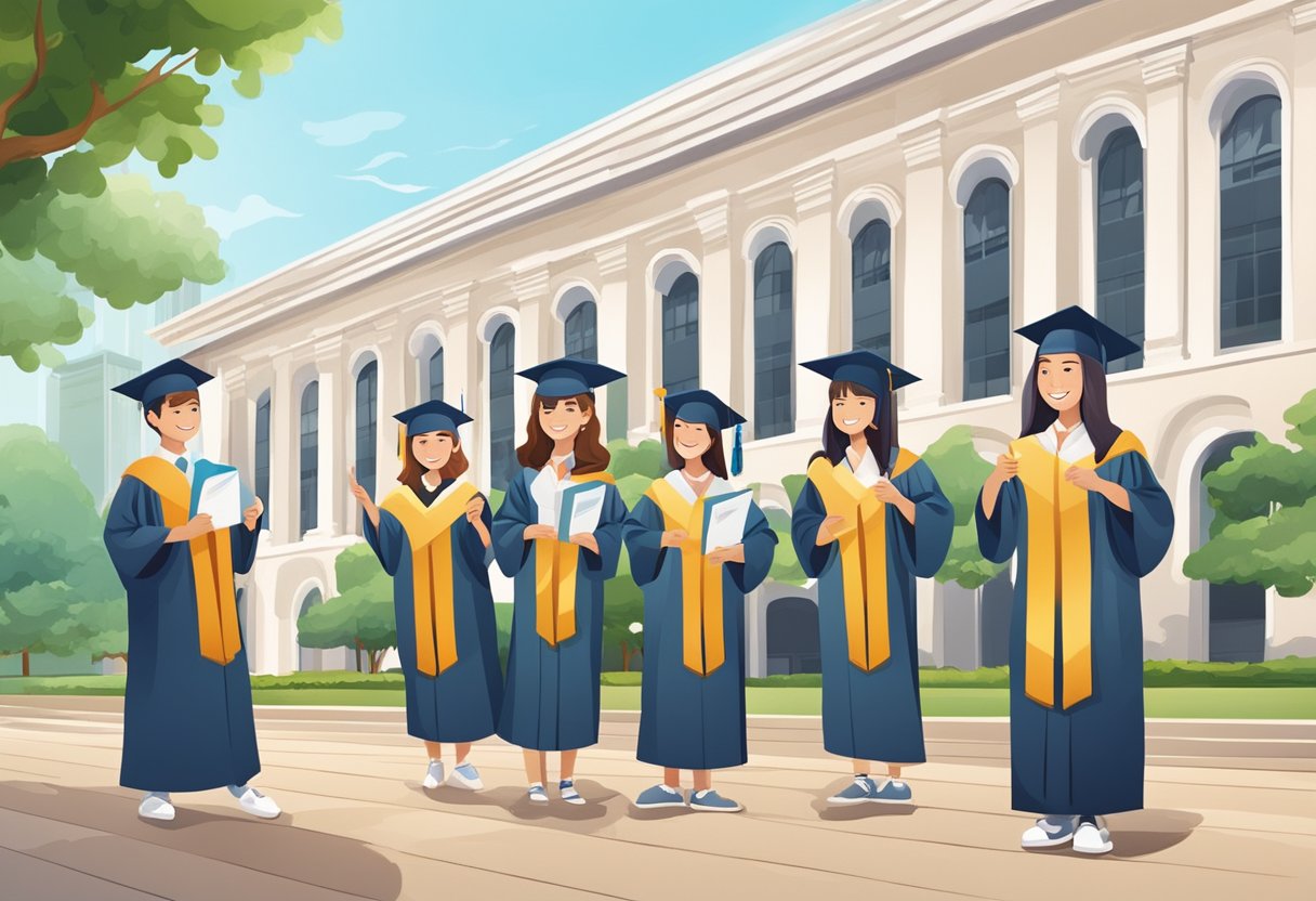 A group of students in graduation gowns and caps stand in front of a university building in Singapore, smiling and holding their diplomas