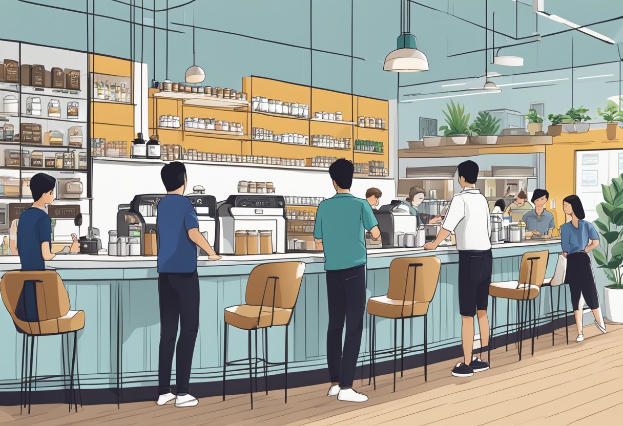 A bustling Luckin Coffee outlet in Singapore, with customers lining up at the counter and baristas preparing drinks behind the sleek, modern counter