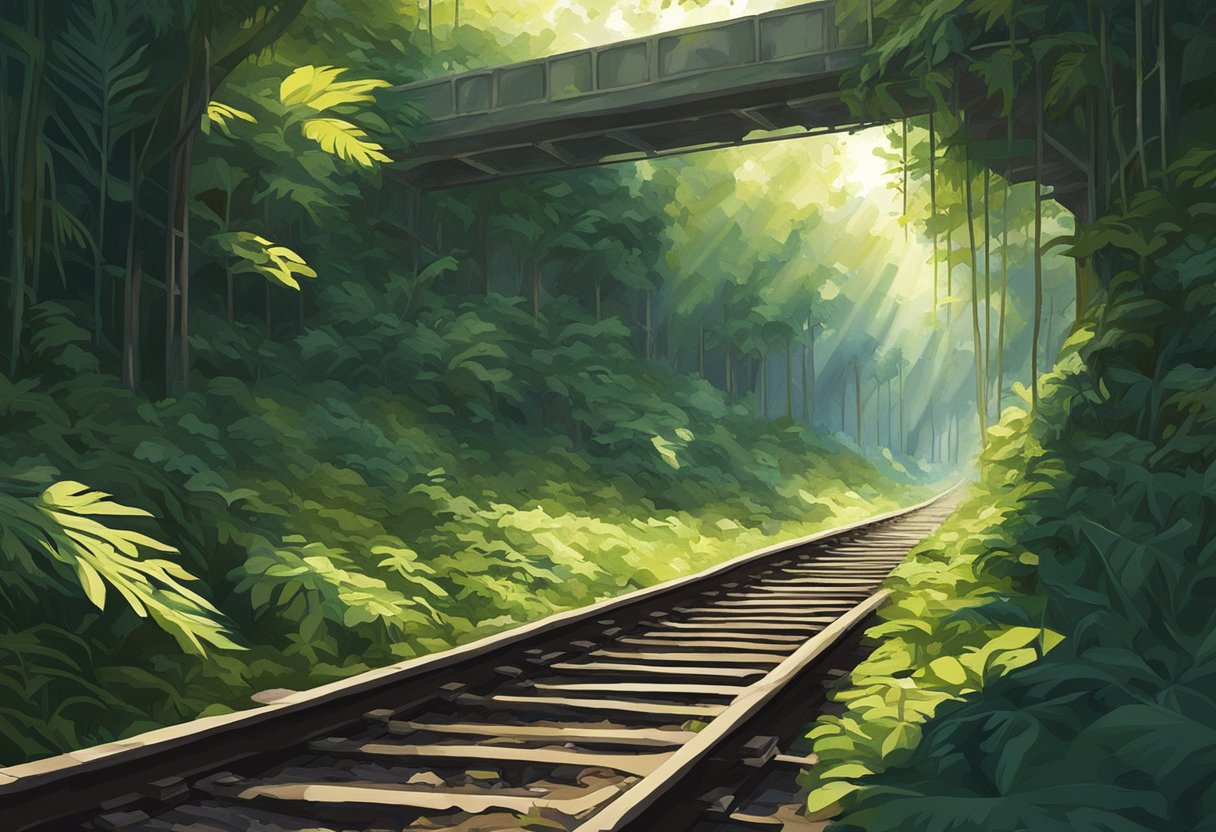 Sunlight filters through lush greenery, casting dappled shadows on the old railway tracks, as nature slowly reclaims the abandoned Rail Corridor in Singapore