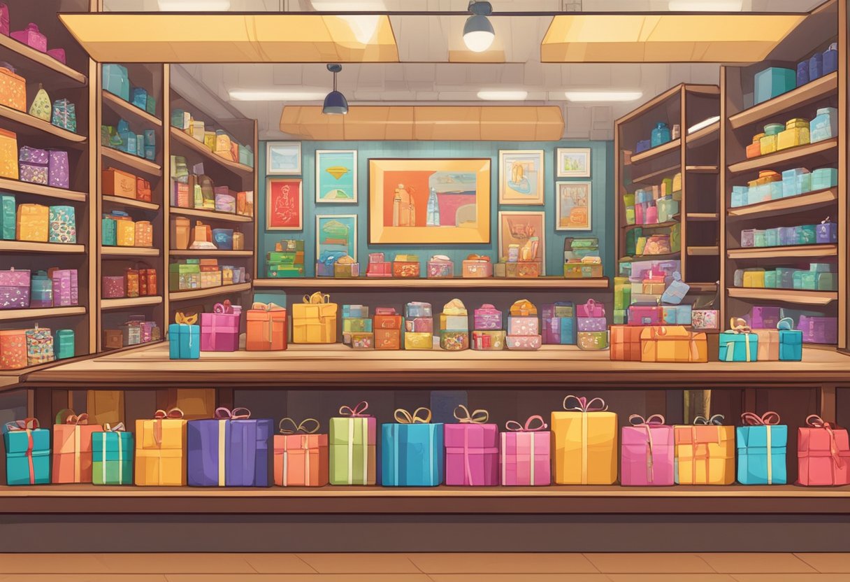 A colorful display of souvenirs and gifts, with shelves neatly organized and a sign reading "Frequently Asked Questions gift shop Singapore."