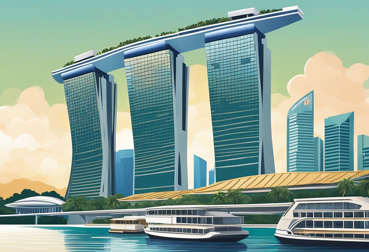 The iconic Marina Bay Sands hotel stands tall against the backdrop of the Singapore skyline, with its unique boat-shaped rooftop and the glittering waters of Marina Bay below