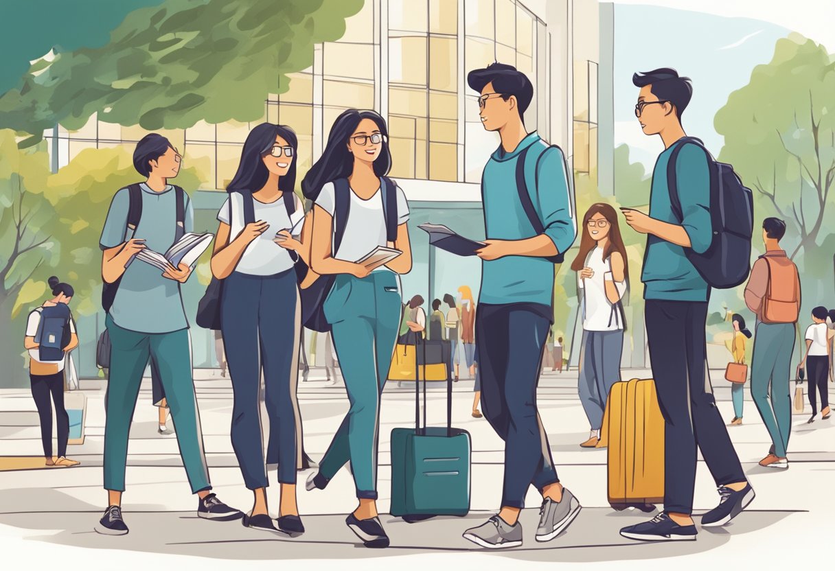 A group of students are gathered in a modern university campus in Singapore, discussing and exploring various graduate programs available to them. The campus is bustling with activity, and the students are seen engaged in conversations and looking at information pamphlets
