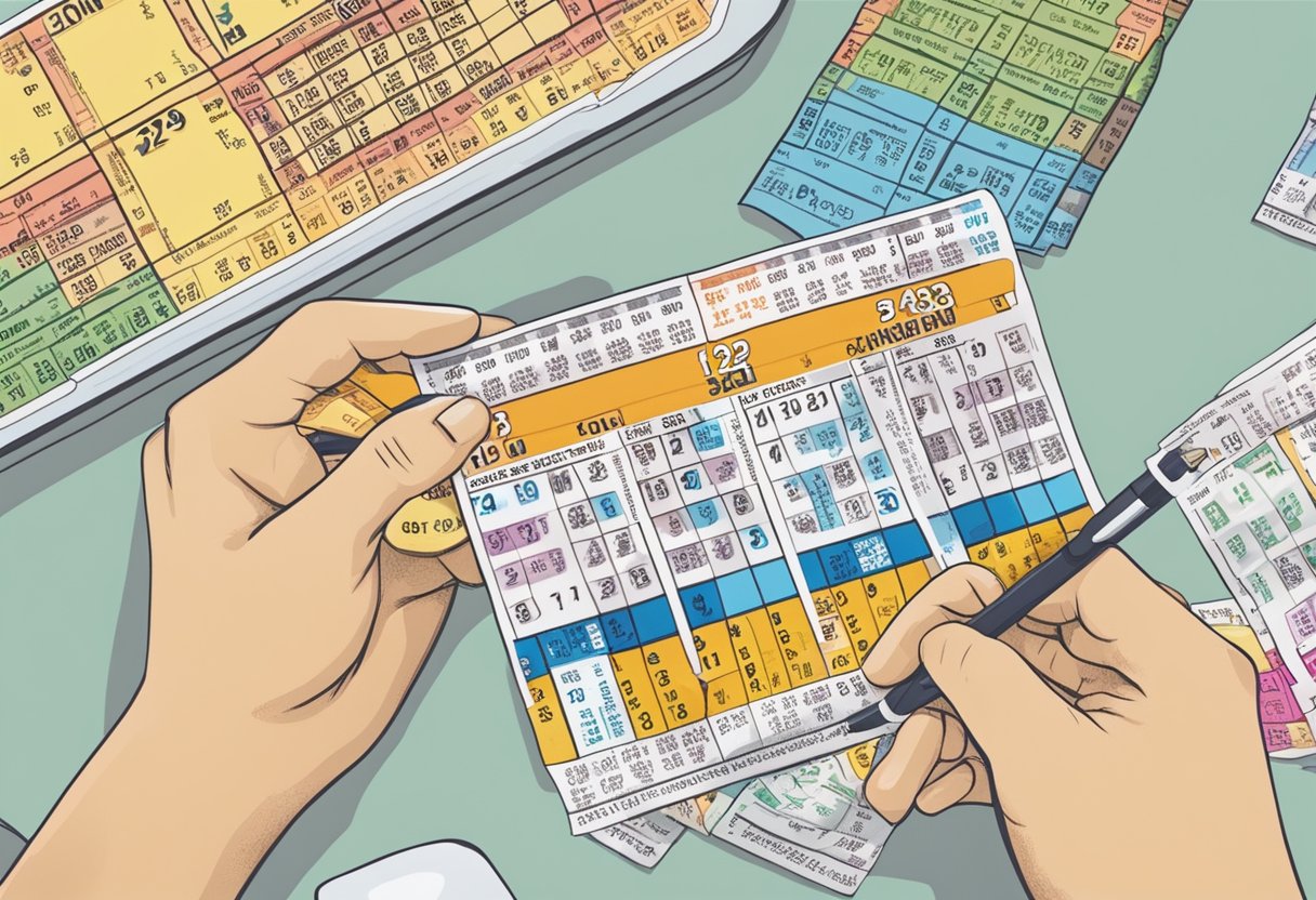 A colorful lottery ticket with the numbers 1234 is being checked by a person at a Singaporean lottery outlet