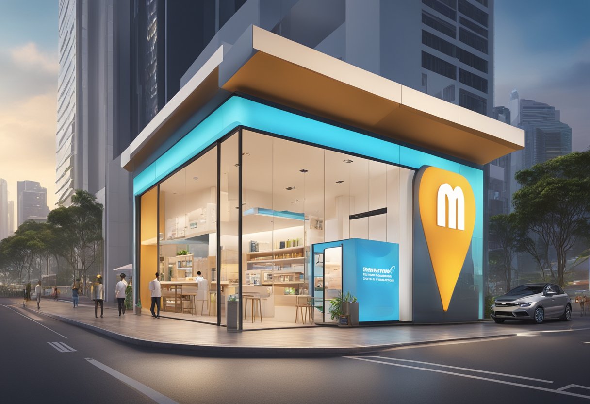 A modern, sleek mobile service storefront in Singapore. Brightly lit with the M1 logo displayed prominently