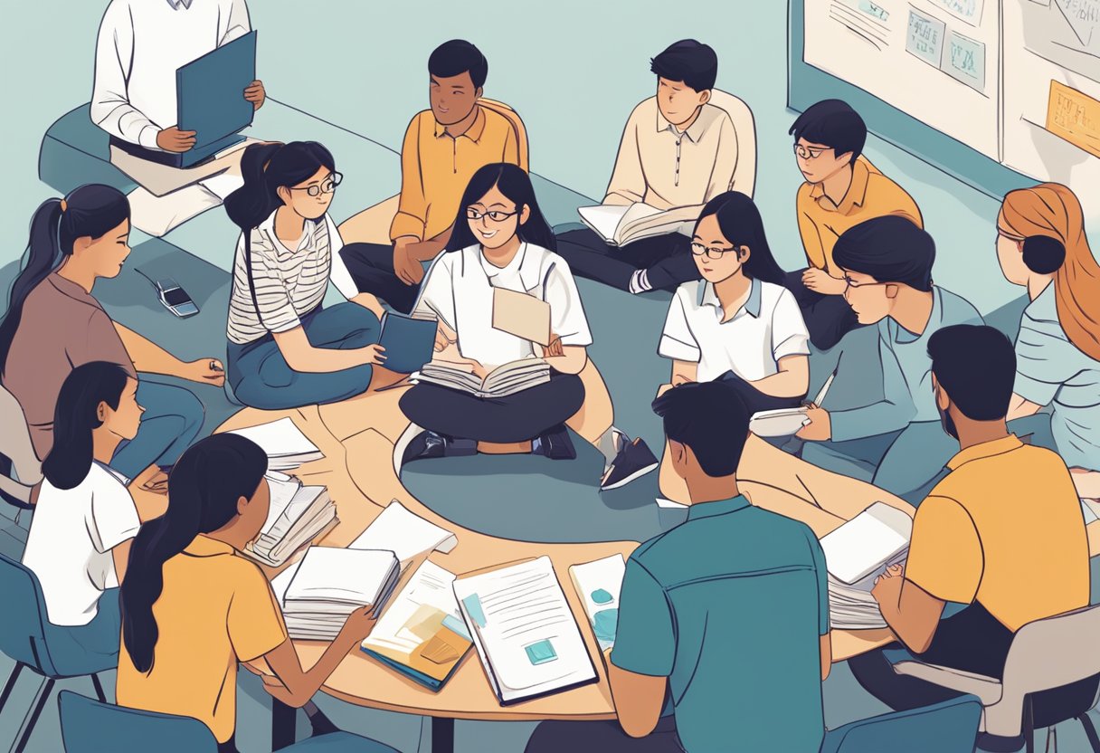 A group of students gathered around a sign reading "Frequently Asked Questions Graduate Program Singapore." The students appear engaged and curious, some holding notebooks and pens