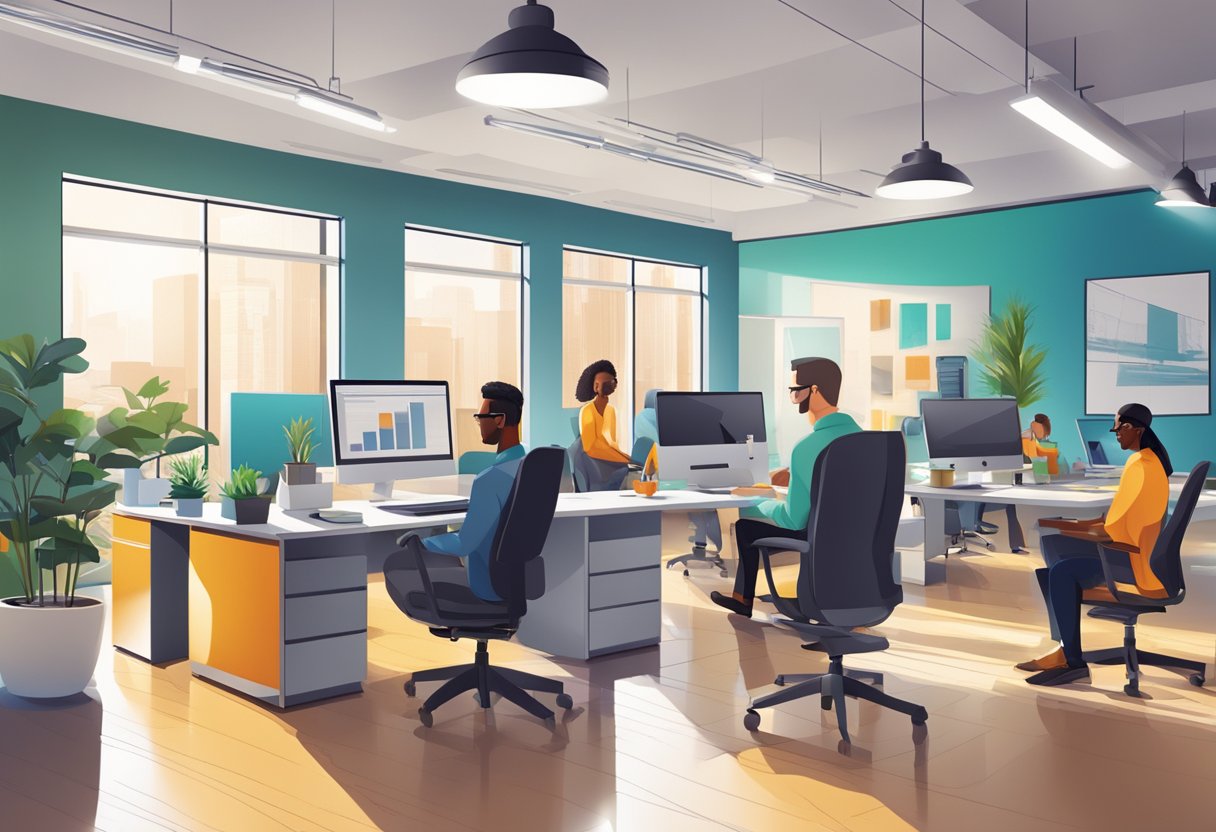 An office setting with modern decor, computers, and a diverse group of professionals collaborating in a vibrant and dynamic environment