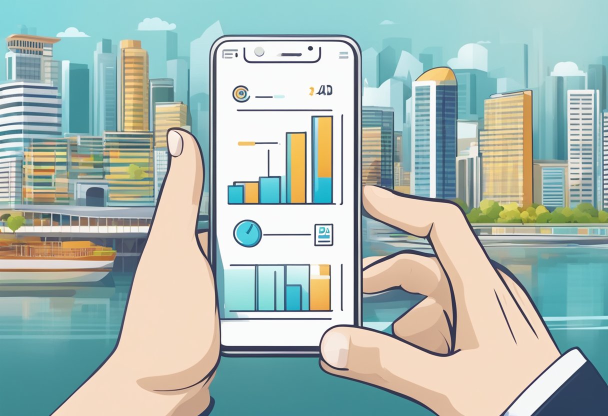 A hand holding a smartphone displaying 4D Singapore results with a focused and engaged expression