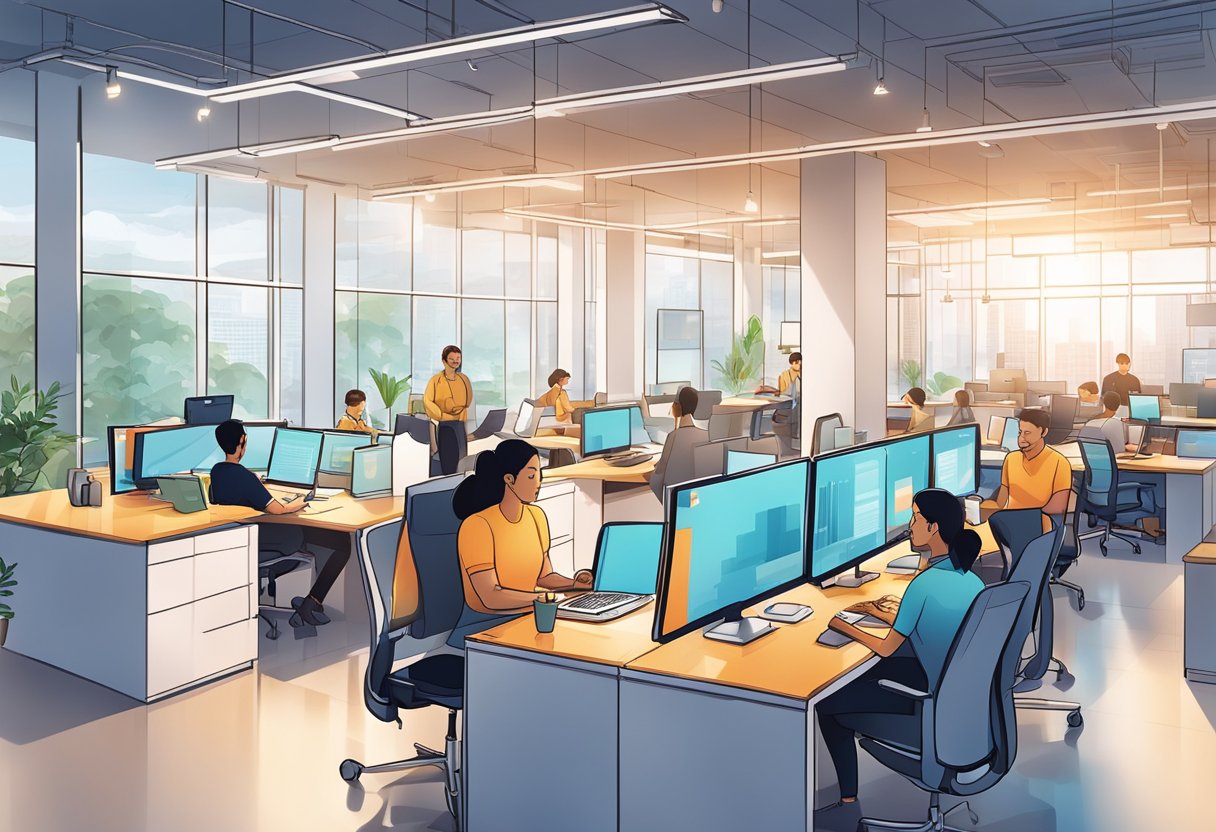 A bustling office with diverse professionals networking and collaborating in a modern, vibrant workspace at Amazon Singapore