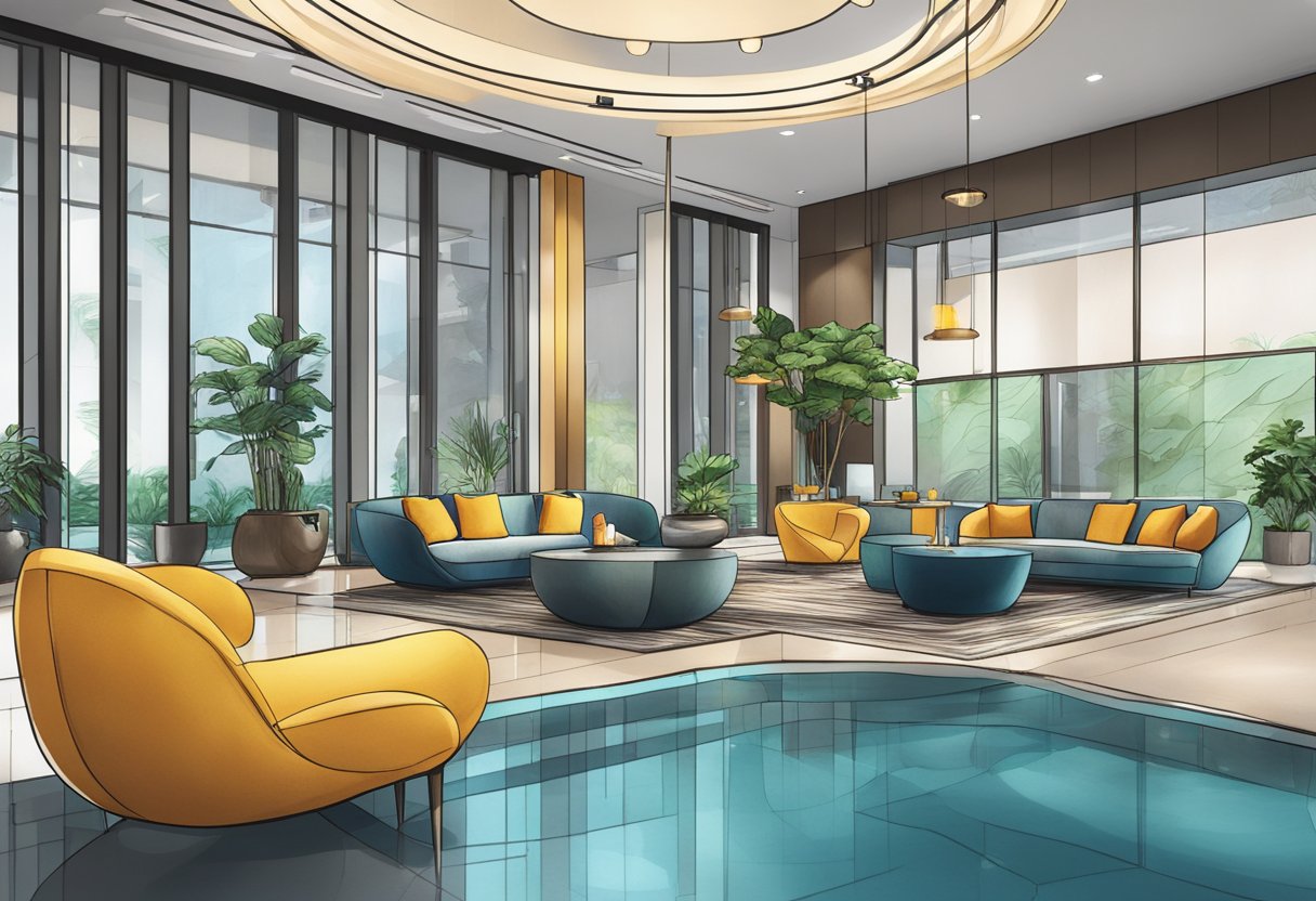 The lobby of Artyzen Hotel Singapore buzzes with modern elegance: sleek furniture, vibrant artwork, and a cascading water feature