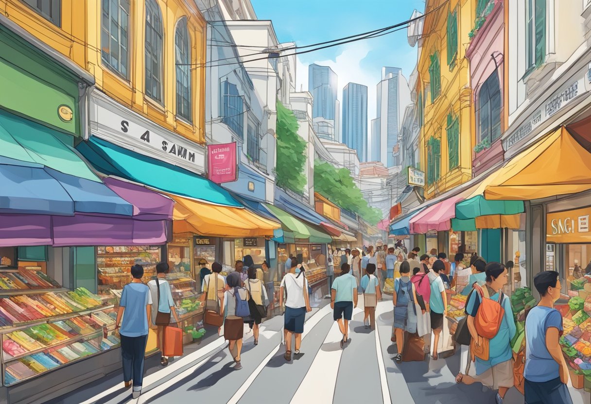 A bustling Singapore street with colorful shops and bustling crowds, featuring a prominent sign for "Sam Smith" among the vibrant storefronts