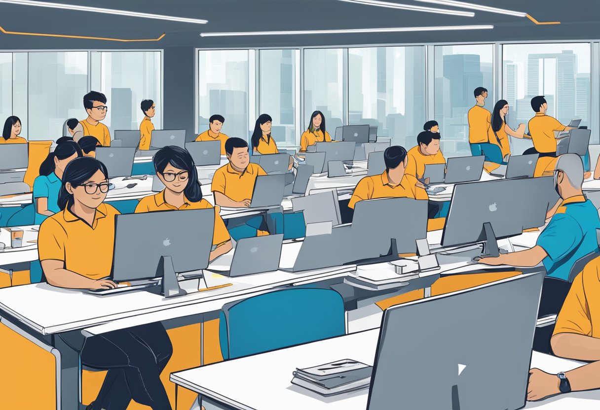 Employees engaged in training and development activities at Amazon Singapore, with a focus on career growth and experience