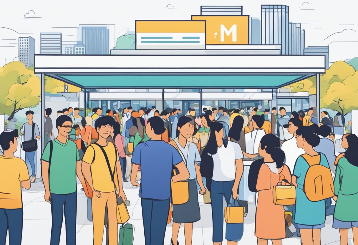 A bustling crowd at the M1 Singapore, with people seeking information and assistance at the Frequently Asked Questions booth