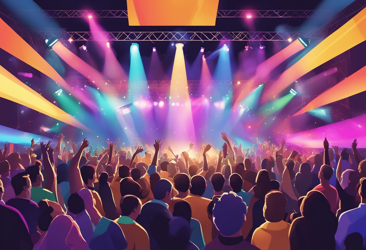 A crowded concert venue with colorful stage lights and a large audience cheering and singing along to the music