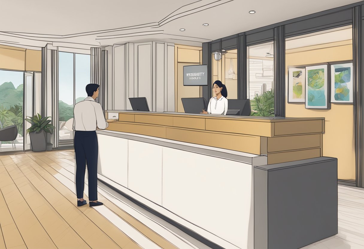 A reception desk with a sign reading "Frequently Asked Questions" at Artyzen Hotel Singapore. A guest stands nearby, looking at the sign