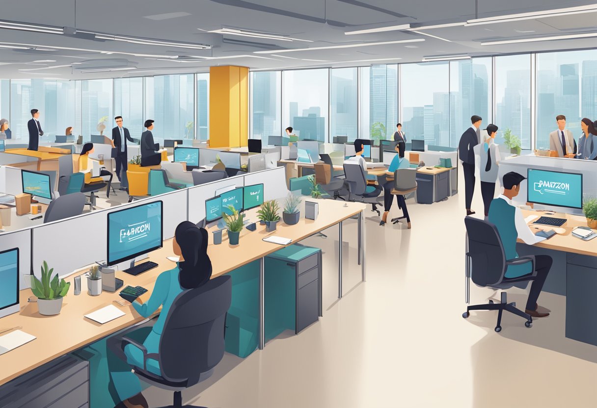 A bustling office setting with people in business attire, engaged in conversation and working at their desks. A prominent sign reads "Frequently Asked Questions Amazon Singapore Careers."