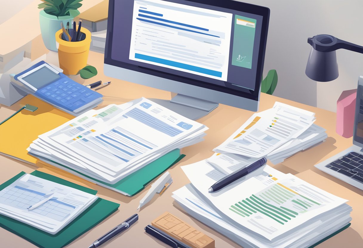 A stack of FAQ sheets with "Sam Smith Singapore" header, surrounded by a computer, phone, and pen