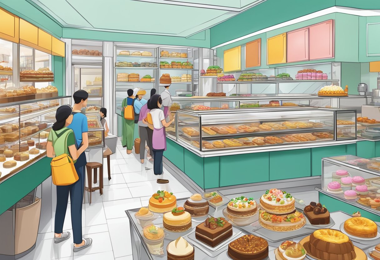 A bustling halal cake shop in Singapore, with colorful displays of decadent pastries and cakes, a welcoming storefront, and a busy atmosphere