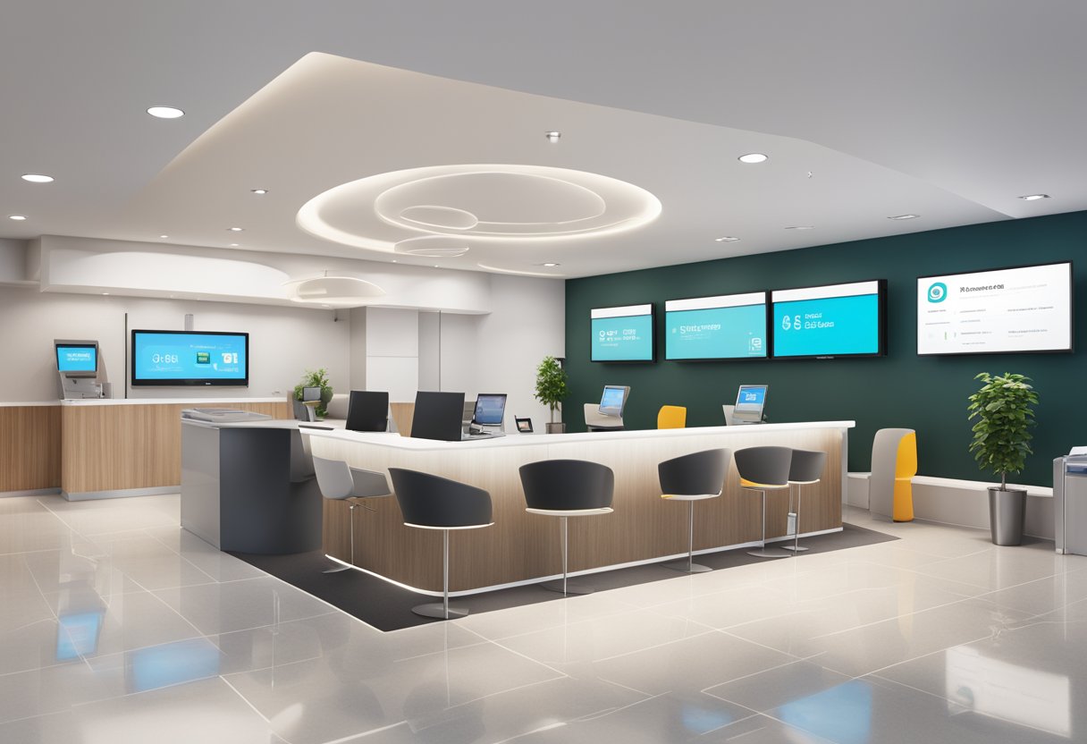 A modern bank branch with digital screens, sleek furniture, and a friendly service counter. The OCBC logo is prominently displayed
