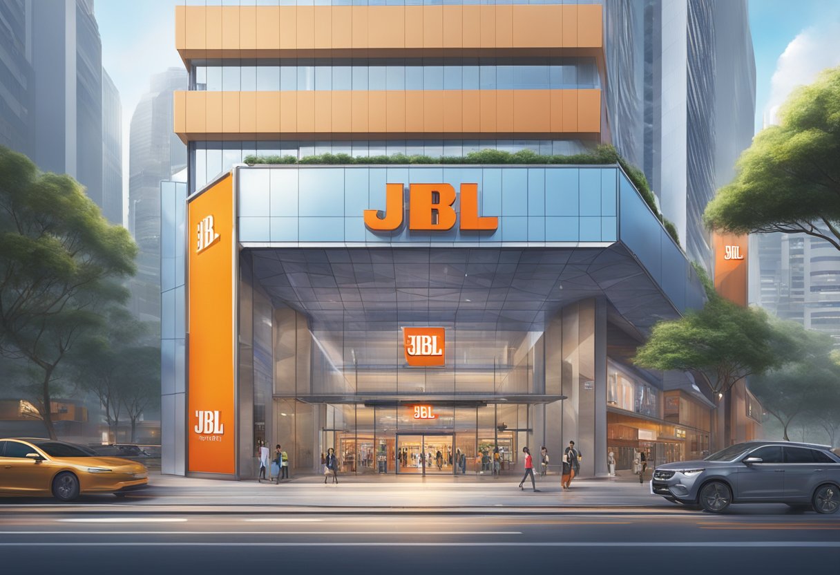 The iconic JBL Singapore store stands tall amidst the bustling city, with its sleek, modern architecture and vibrant logo shining brightly above the entrance