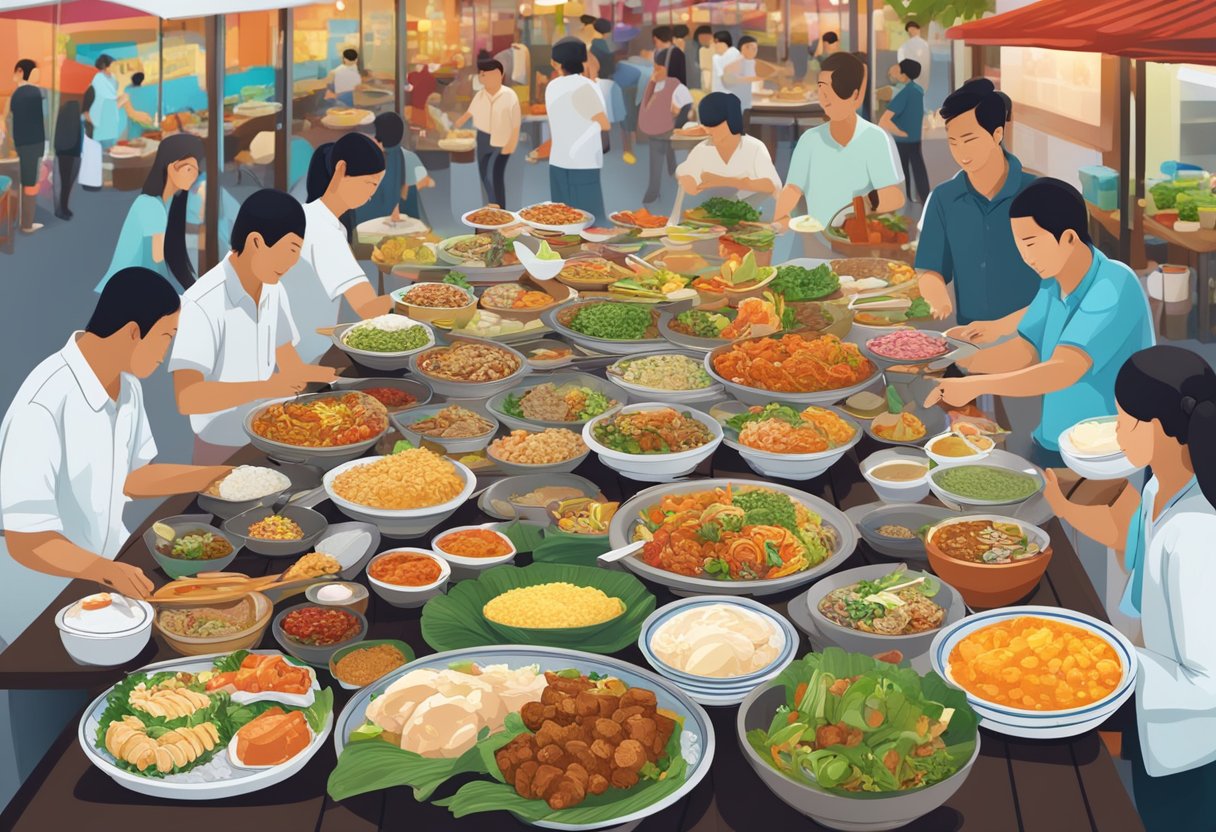 A table filled with colorful Indonesian dishes, surrounded by bustling Singaporean street food stalls