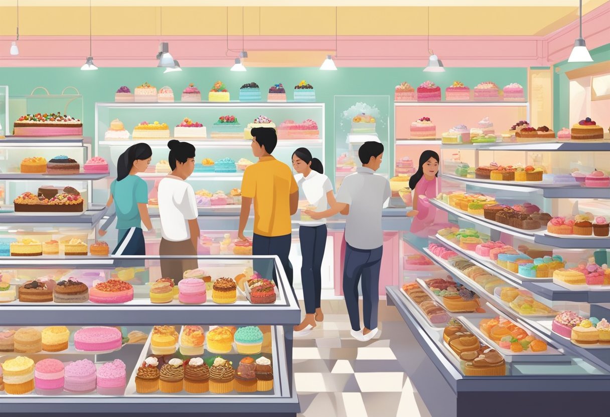 Customers browsing colorful cakes in a bustling halal cake shop in Singapore. A variety of sweet treats on display, with the aroma of freshly baked goods filling the air