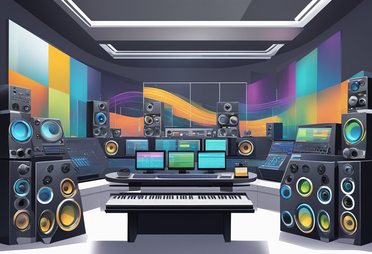 A sleek, modern audio laboratory filled with cutting-edge equipment and technology. Colorful sound waves dance across digital screens, while engineers meticulously fine-tune speakers and headphones