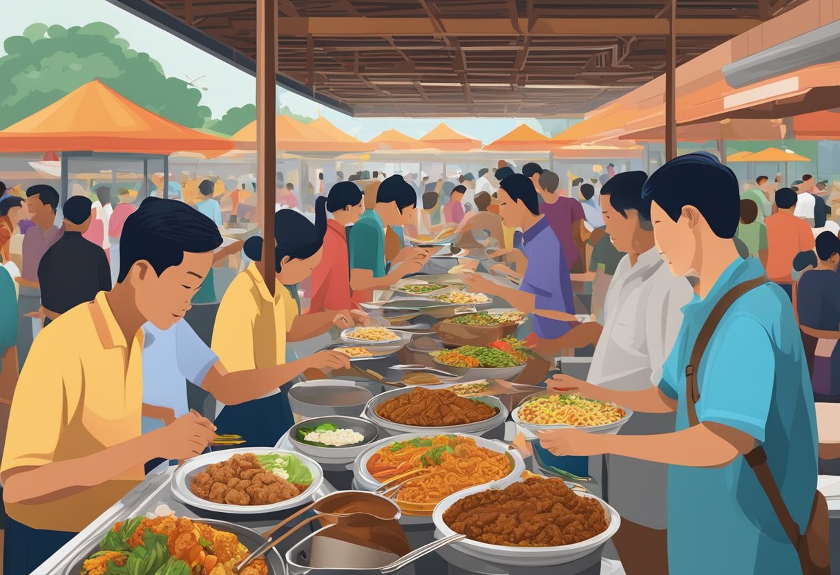 A bustling hawker center in Singapore, filled with the aromas of sizzling satay, spicy rendang, and fragrant nasi goreng. Tables are crowded with locals and tourists alike, eagerly sampling the diverse flavors of Indonesian cuisine