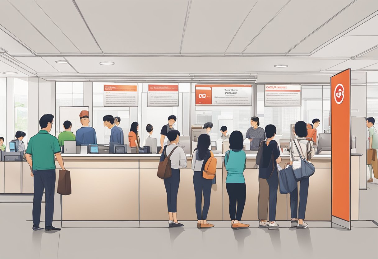 Customers line up at the information desk at OCBC Bank Singapore, while others browse brochures and use self-service kiosks