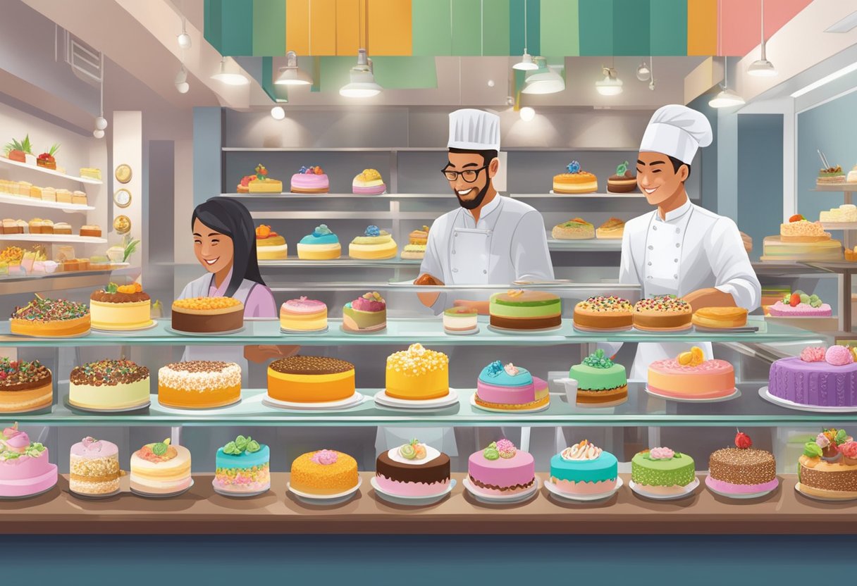 A bustling halal cake shop in Singapore, with a display of colorful and decadent cakes, a welcoming sign, and a busy staff assisting customers