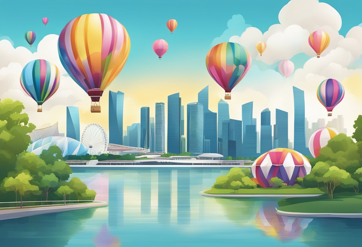 Colorful helium balloons float over the skyline of Singapore, with iconic landmarks like the Marina Bay Sands and Gardens by the Bay in the background