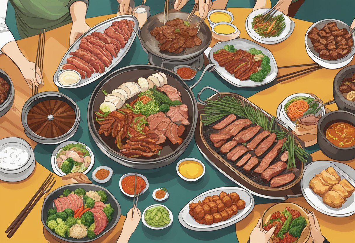 Customers enjoying a variety of marinated meats and side dishes at a vibrant Korean BBQ buffet in Singapore