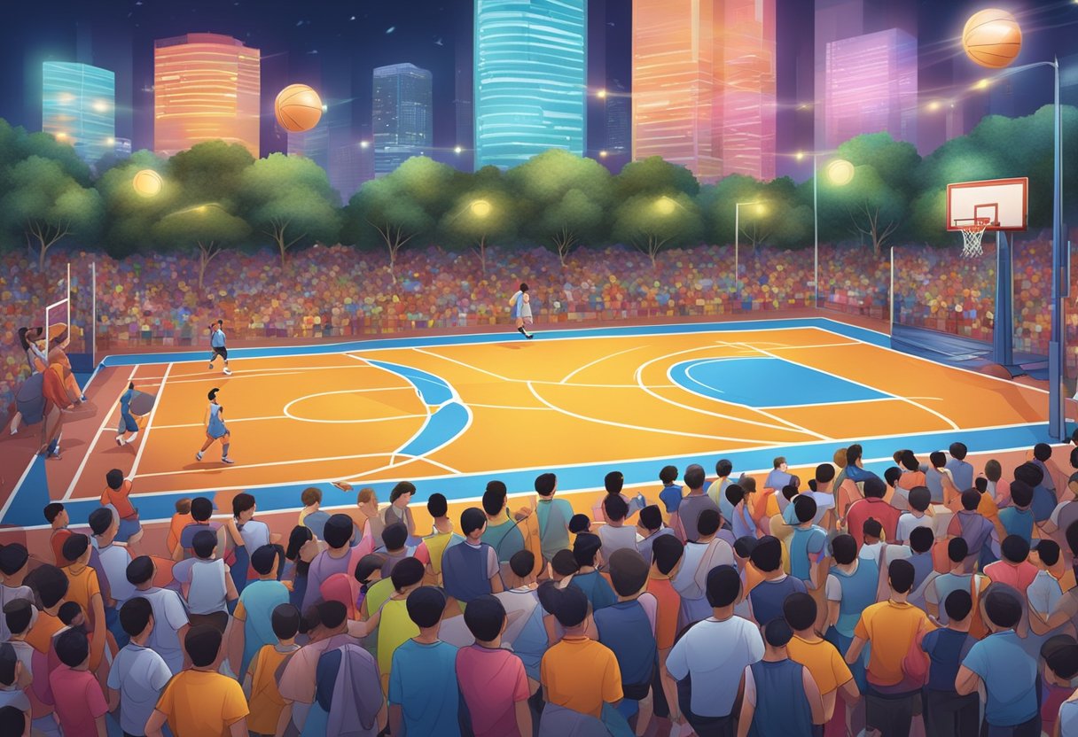 A bustling basketball court in Singapore, with players dribbling and shooting under bright lights and colorful banners