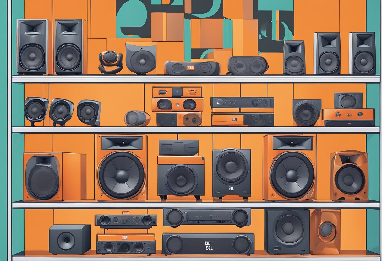 A display of JBL products arranged on shelves in a brightly lit store in Singapore. The products include speakers, headphones, and audio accessories