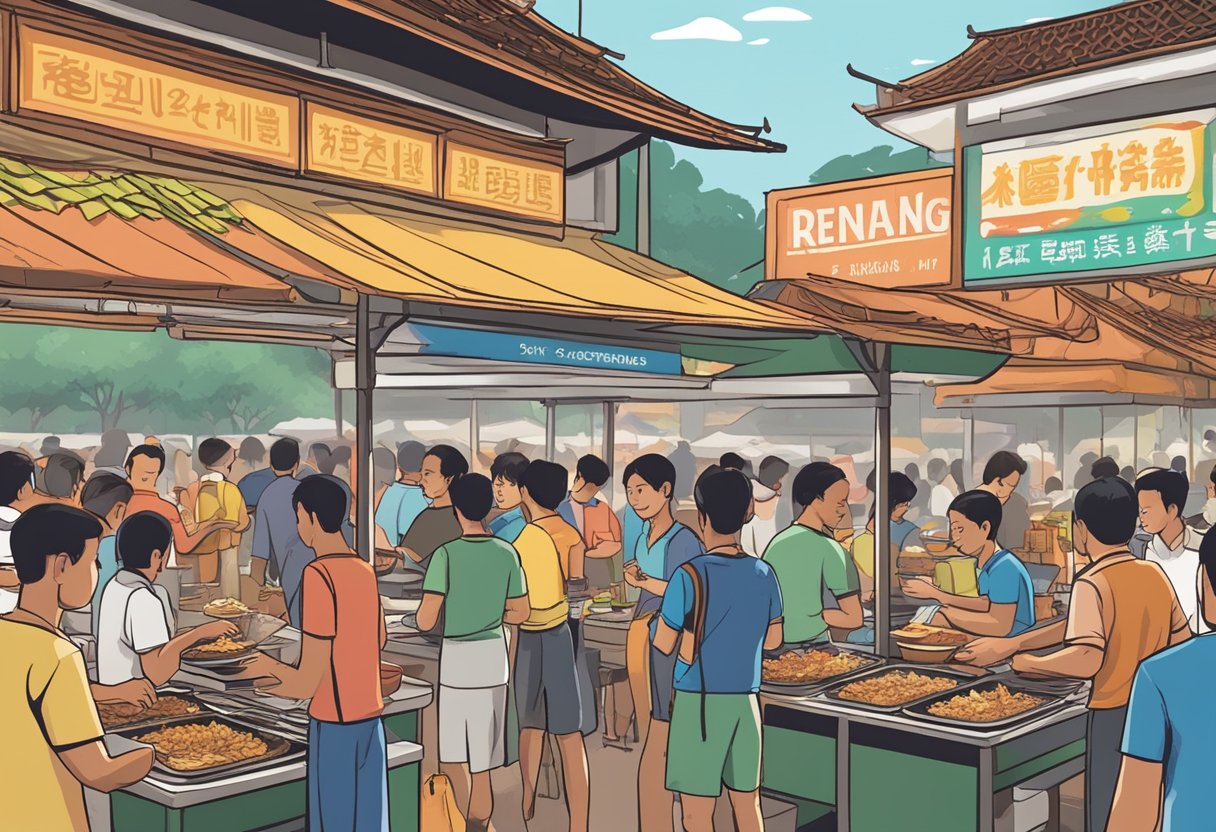 A bustling hawker center with colorful signage and aromatic smoke wafting from sizzling satay skewers and bubbling pots of rendang. Patrons eagerly line up at stalls serving nasi goreng and crispy pisang goreng