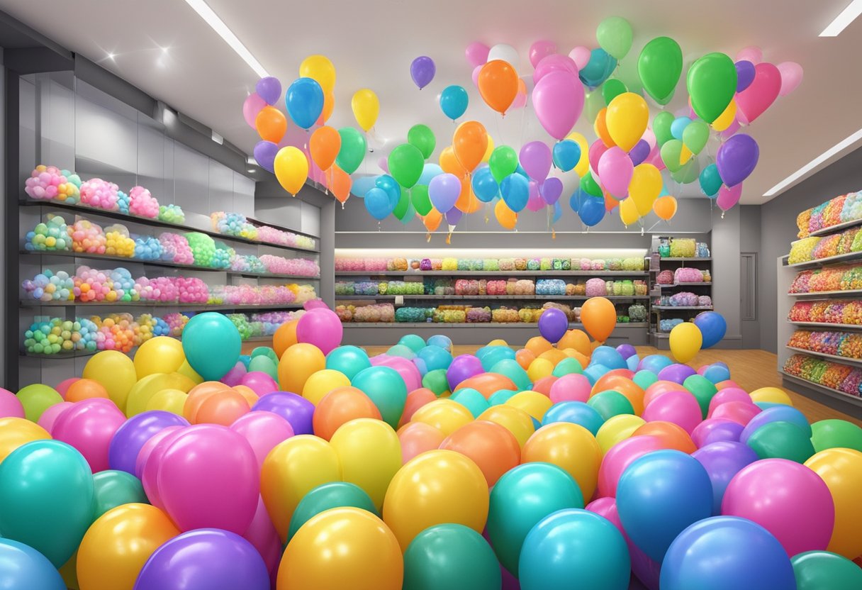 A colorful array of helium balloons fills a Singaporean shop, with various sizes and shapes on display